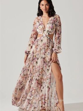 ASTR The Label Revery Floral  Cutout Pleated Maxi Dress